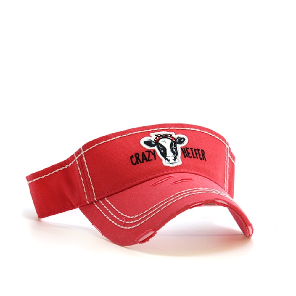 Distressed Crazy Heifer Sun Visor Hat Coral Pink